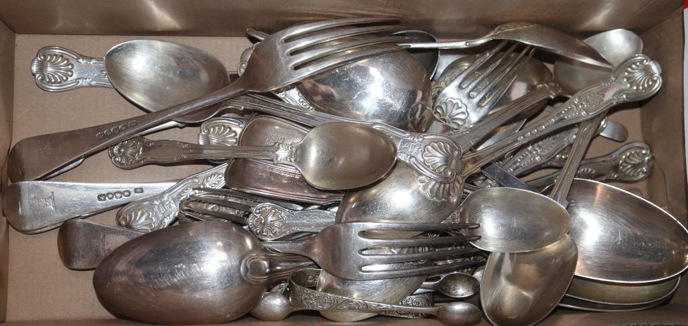 Thirty two items of 19th century silver flatware, various dates and makers and six other small items of silver cutlery, 68oz.